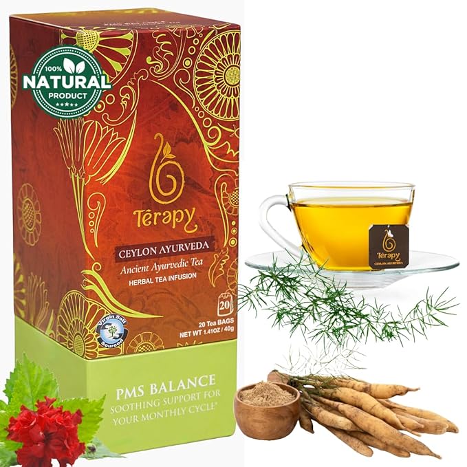 TERAPY Ceylon PMS Balance Tea for Women - Period Tea for PMS Relief, Menstrual Cycle and PCOS, Herbal Blend with Shatavari, Red Hibiscus, Cumin & More - No Artificial Additives - 20 Teabags, 1 Pack