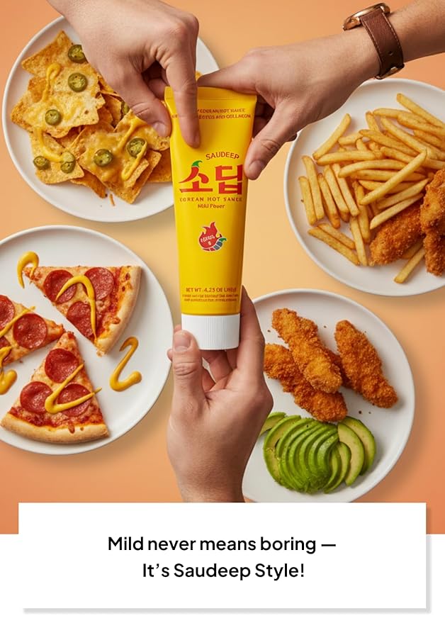 Korean Food Saudeep Mildly spicy Hot Sauce, Korean-Style Dipping Sauce, Level 2 Mild Spice, Versatile Sauce for Pizza, Rice, Noodles & Snacks, 4.23 oz