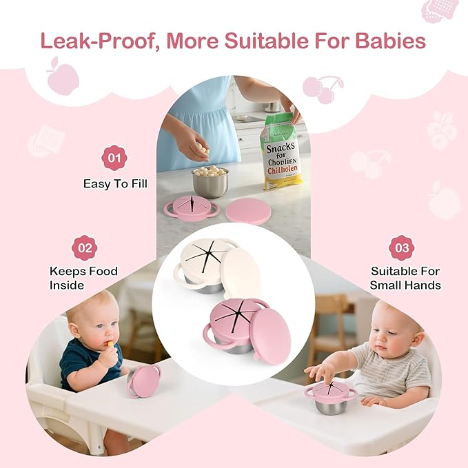 Daximo 2 Pack Snack Cups for Toddlers Spill Proof - Detachable Stainless Steel Toddler Snack Cups with Silicone Lids & Handles - Dishwasher Safe Baby Snack Containers (Matte Pink and Matte Off White)