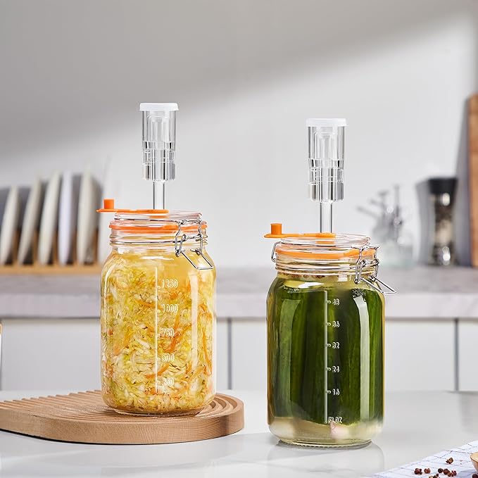 JILLMO Wide Mouth Glass Fermentation Jar with Airlock & Glass Weight, 1.5L Fermenting Jar for Sauerkraut, Kimchi, Pickles & More,Pack of 2
