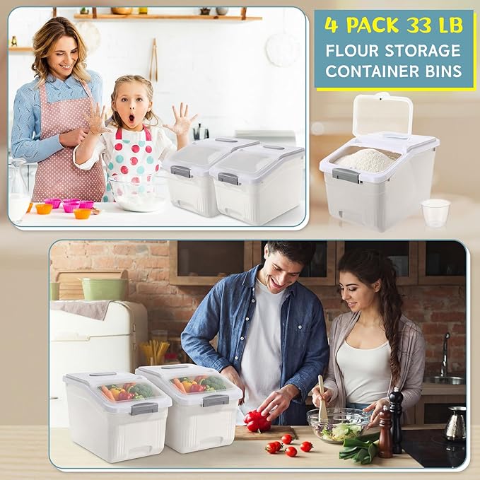 Blushtier 4 Pack Large Rice Storage Containers 30 Lbs Airtight Flour Container with Seal Locking Lid and Measuring Cup Kitchen Dry Food Storage Bins for Cereal Sugar Beans (Creamy White)