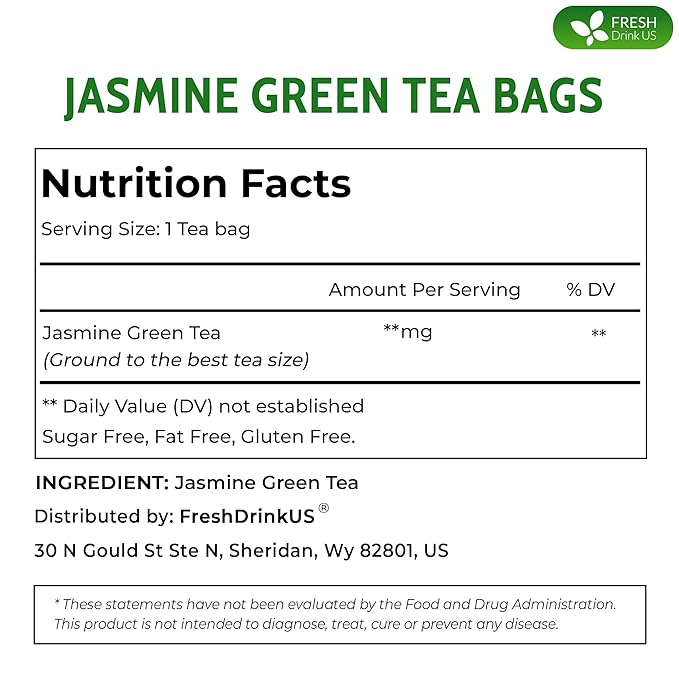 FreshDrinkUS, Premium 135 Jasmine Green Tea Bags, 100% Natural & Pure from Jasmine Green Herbal Tea. Made with Natural Material Tea Bags. No Sugar, No Caffeine, No Gluten, Vegan.