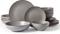 Famiware Venus Stoneware Dinnerware Set with Pasta Bowls for 4, 16-Piece Speckled Plates and Bowls with Trim, Matte Dark Gray - Chip‑Resistant Dishes for Everyday/Formal Use, Microwave/Dishwasher Safe
