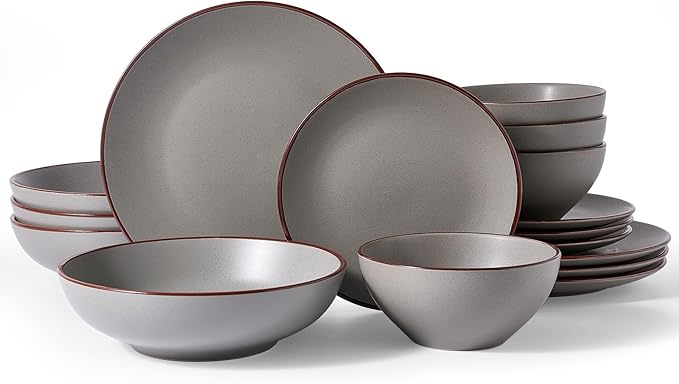 Famiware Venus Stoneware Dinnerware Set with Pasta Bowls for 4, 16-Piece Speckled Plates and Bowls with Trim, Matte Dark Gray - Chip‑Resistant Dishes for Everyday/Formal Use, Microwave/Dishwasher Safe