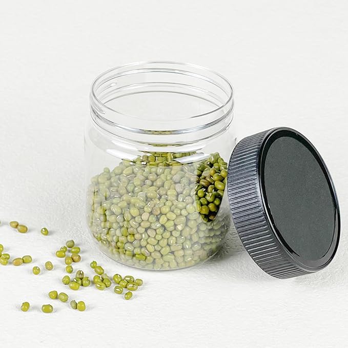 10 Oz Clear Plastic Jars with Black Lids Refillable Kitchen Storage Containers for Dry Food Coffee Nuts and More (4), Clear+Black