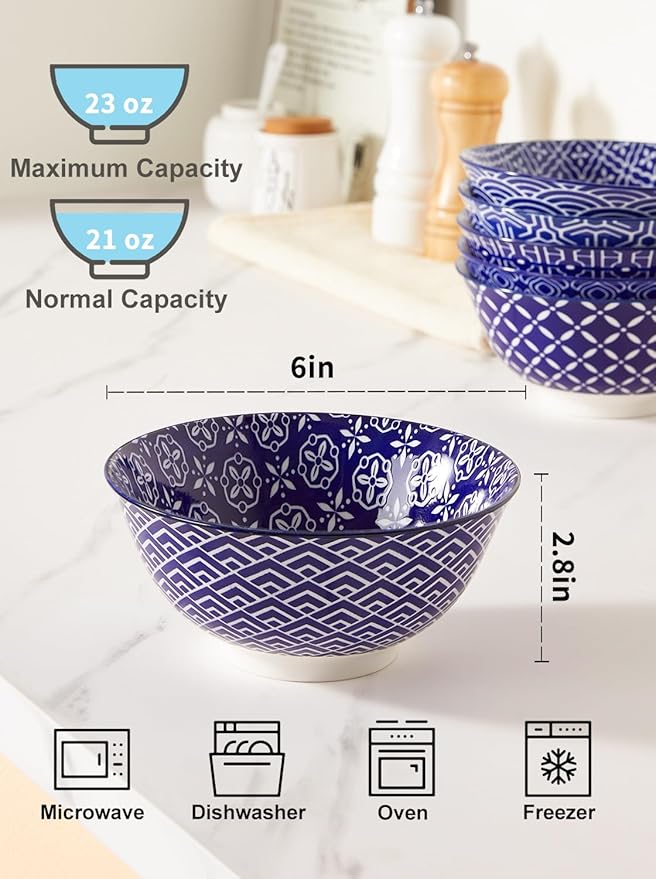 Metahom Ceramic Cereal Bowls, 23 Oz Blue and White Bowls, Porcelain Soup Bowl Set for Salad, Dessert, Pasta, Ice Cream,Set of 6