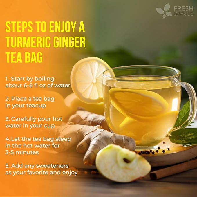 FreshDrinkUS, Premium 135 Ginger Turmeric Tea Bags, 100% Natural Ingredients, Hand-made Blend of Ginger and Turmeric Herbal Tea, Eco-conscious Tea Bags. No Sugar, No Caffeine, No Gluten, Vegan.