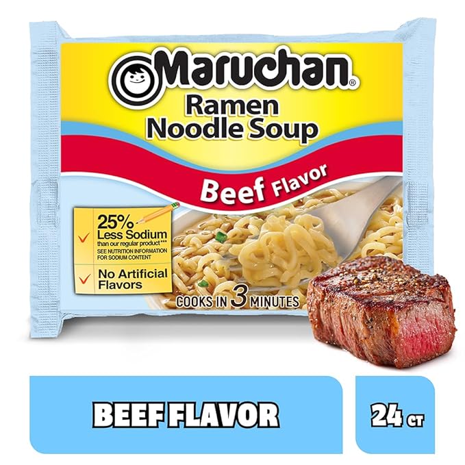 Maruchan Ramen Noodle Soup, Less Sodium Beef Flavor – Japanese-Style Instant Noodles, Quick & Easy Meal for Students & Busy Families – 3 Oz. (24 Pack)