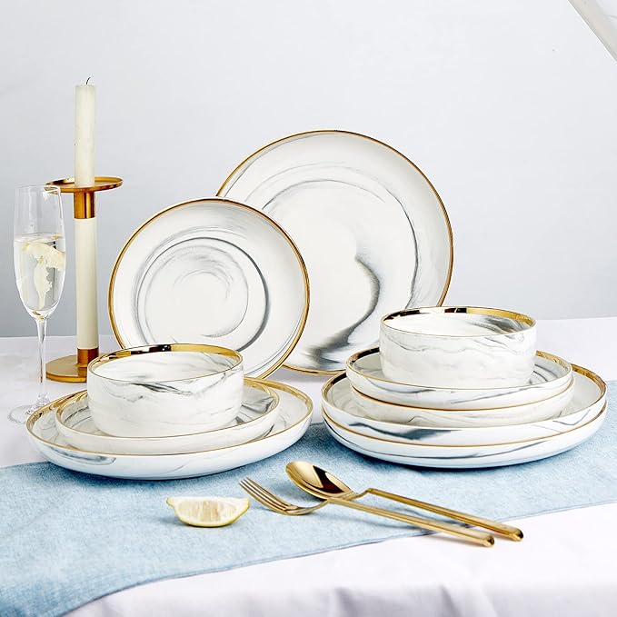 Pokini Marble Gold Rim Dinnerware Sets, Porcelain Plates and Bowls Sets, Modern Luxury Dish Set for 4, White Grey China Dinner Set for Special Occasions, Hand Wash Quickly