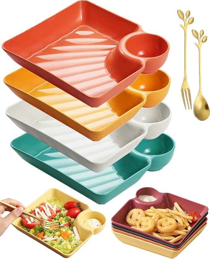 4pcs Japanese Dumpling Plate with Sauce Dish, Chips and Salsa Serving Dish Plates with Dipping Saucer for Family Party Appetizer Sushi Taco Salsa Charcuterie Barbecue Plate, Reusables (4 Color)