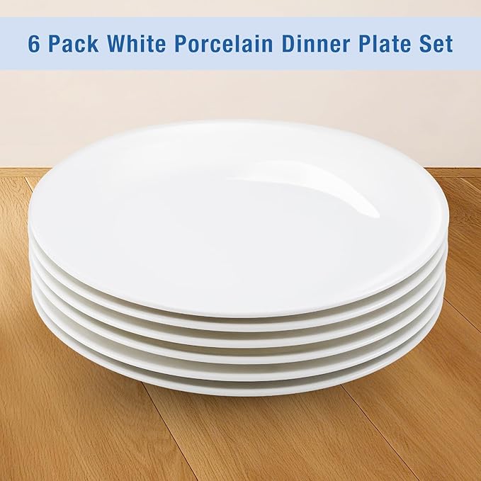 Ceramic Plates Set of 6, 10 inch White Porcelain Dinner Plates, Ceramic Round Plate, Round Dessert Salad Plate for Dinner Kitchen Serving & Everyday Use, Microwave & Dishwasher Safe