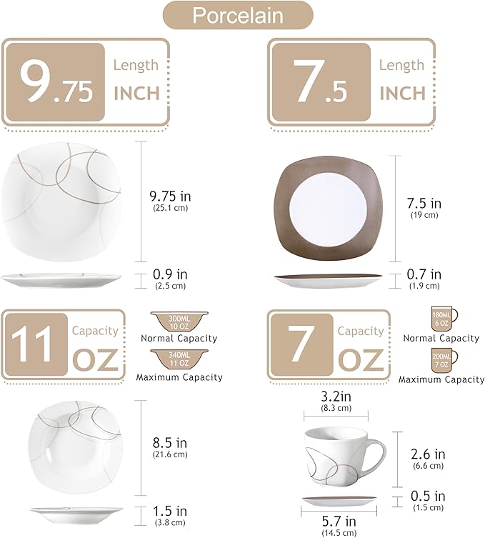 VEWEET 'Nikita' 30-Piece Dinner Set Ivory White Brown Lines Porcelain China Ceramic Combination Sets of Dessert Plates/Soup Plates/Dinner Plates/Cups/Saucers Service for 6