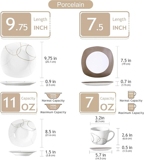 VEWEET 'Nikita' 30-Piece Dinner Set Ivory White Brown Lines Porcelain China Ceramic Combination Sets of Dessert Plates/Soup Plates/Dinner Plates/Cups/Saucers Service for 6