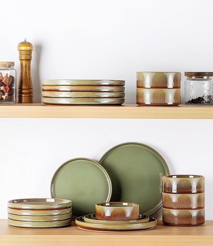 TheTerra Ceramic Dinnerware Sets for 8, 24 Pieces Porcelain Lightweight Plates and Bowls Sets, Scratch Resistant Dish Set, Oven & Microwave & Dishwasher Safe, Sage Umber