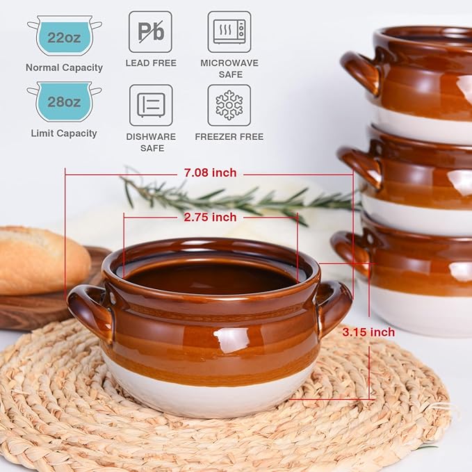 Vumdua French Onion Soup Bowls with Handles, 28 oz Ceramic Soup Crocks Oven Proof Soup Bowls for Chilli, Cereal, Pot Pies - French Onion Soup Crocks, Oven, Broil & Dishwasher Safe, Set of 4