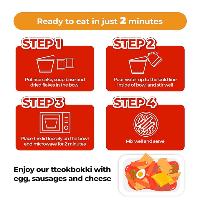 Surasang Korean Tteokbokki Cup - Korean Street Food, Classic Sweet & Spicy Sauce, Instant 2-Minute Microwave Meal, Traditional Tteokbokki Rice Cakes, 6 oz – Pack of 6