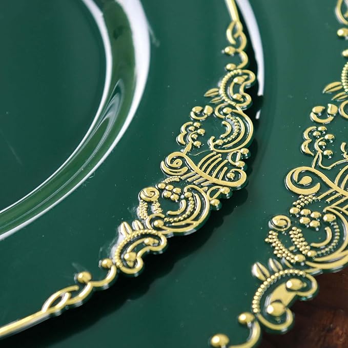 Efavormart 10 Pack | 8" Hunter Emerald Green and Gold Baroque Dessert Plates, Leaf Embossed Metallic Rim Heavy Duty Appetizer Plates for Garden Showers