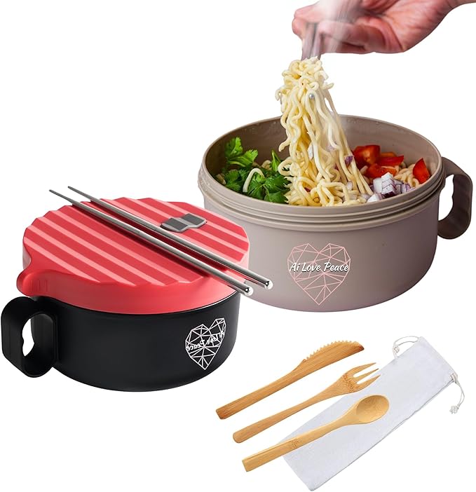 AI LOVE PEACE Microwave Noodle Bowl Set of 2, 40 oz Ramen Bowls with Lids, Dishwasher Safe Soup Bowl for Ramen, Pho, Pasta, Rice, College Dorm Essentials (Beige & Red)