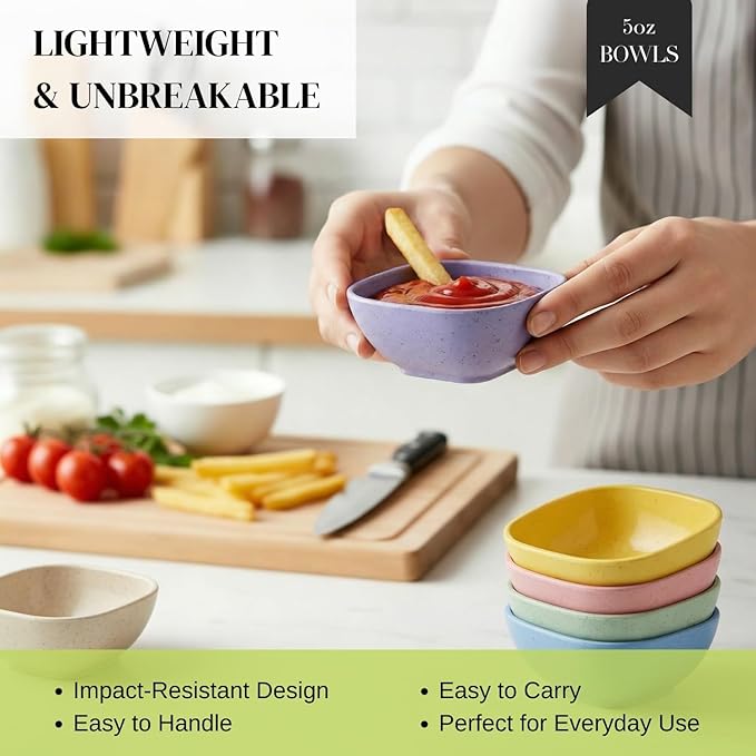 Wrova Dipping Bowls Set of 6, Soy Sauce Dish Wheat Straw Bowls 5oz, Small Plastic Ramekins for Side Dishes,Condiment,Ketchup, Unbreakable Sauce Bowls Microwave Safe Dip Bowls for Parties- Colorful