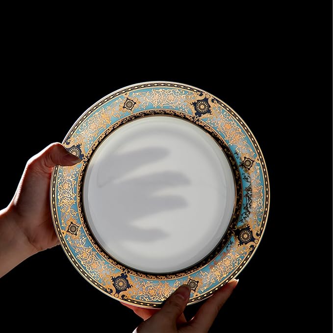 8 Piece Dinnerware Set for 4，Luxury Blue and Gold Porcelain Dinner Plate Set, Ornate Vintage Pattern Ceramic Tableware for Fine Dining, Wedding, Home Decor, Premium Dish sets for Steak and Dessert