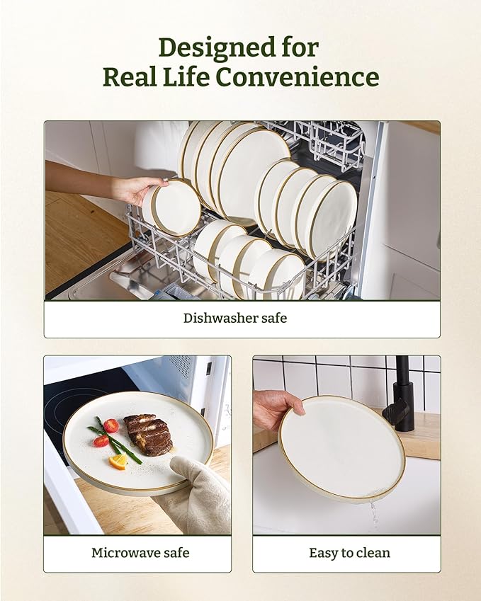 Famiware Nebula Plates and Bowls Sets, 18 Pieces Stoneware Dinnerware Sets, Reactive Glaze Dish Set, Dishes Set for 6, Matte Beige White with Brown Rim
