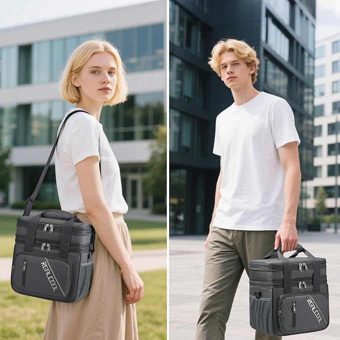 RealCool Lunch Bag, Insulated Lunch Box for Men Women, Double Deck Leakproof Soft Cooler Bag with Adjustable Strap, Reusable Lunchbox for Work, Travel, Camping (Grey)
