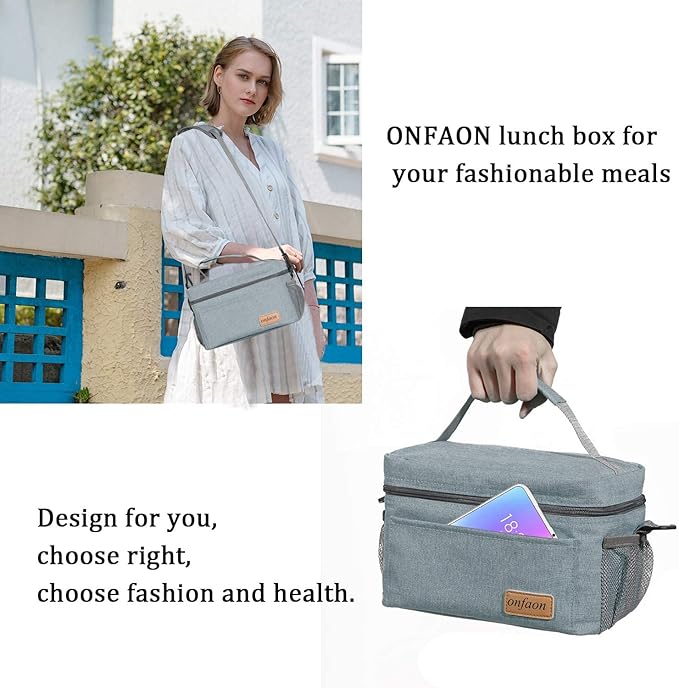 ONFAON Lunch Bag for Men/Women, Insulated Reusable Lunch Box Leakproof Cooler Tote Bag Freezable with Adjustable Shoulder Strap for Office Work Picnic Beach(Grey)