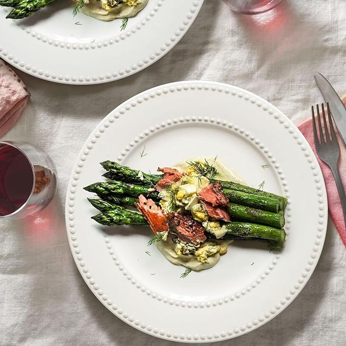 Dinner Plates Set of 4, 10.5 inch White Ceramic Plates, Embossed Salad Plates, Serving Plates for Steak Appetizer, Reusable Kitchen Dining Plates for Restaurant, Dishwasher Microwave Safe