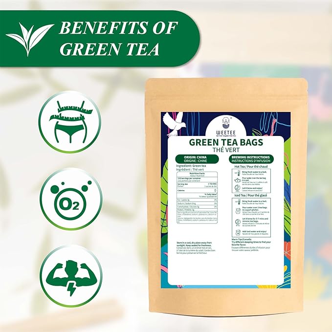 WT WEETEE Green Tea Bags, 100 Count Pure Green Tea, Super Antioxidant | Resealable Kraft Bag | Brew Hot or Iced