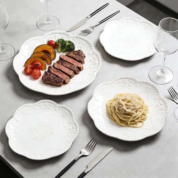 Gaolinci European Palace Series Lace Embossed Ceramic Dinner Plate (Set of 4)