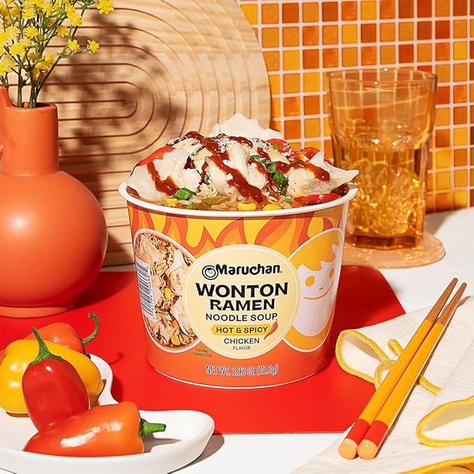 Maruchan Wonton Ramen Bowl, Hot & Spicy Chicken Flavor – Japanese-Style Instant Noodle Soup, Microwaveable Easy Meal – 3.93 Oz. (6 Pack)