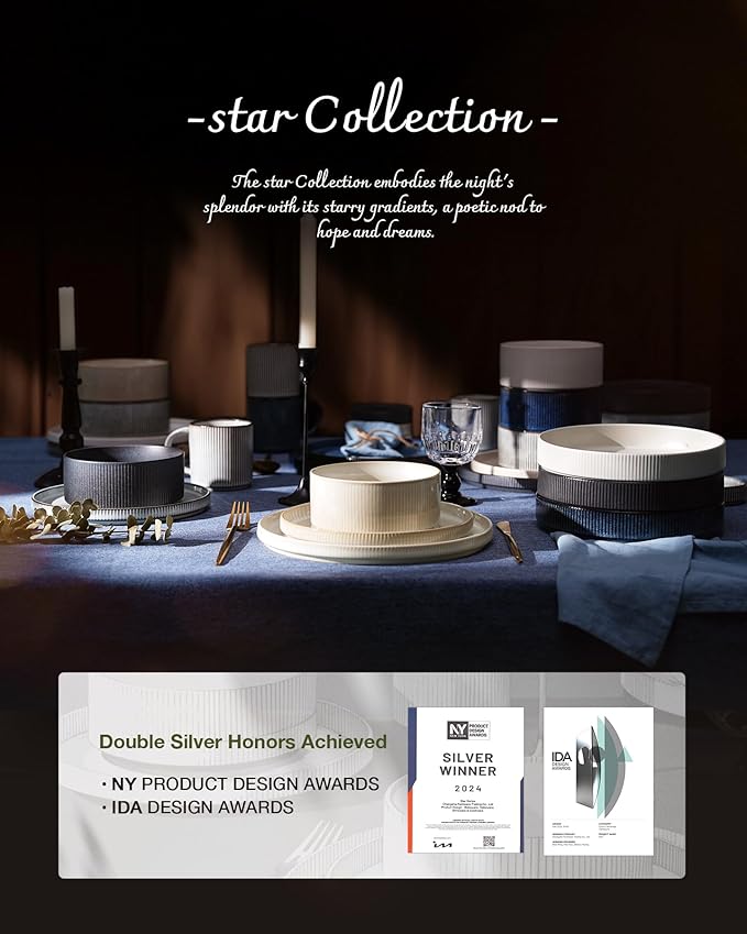 Famiware Star 24-Piece Plates and Bowls Set with Trim, Service for 8 - Stoneware Reactive Glaze Dinnerware, High Edge Ribbed Dishes, Chip & Scratch Resistant, Microwave & Dishwasher Safe, Nebulas Blue