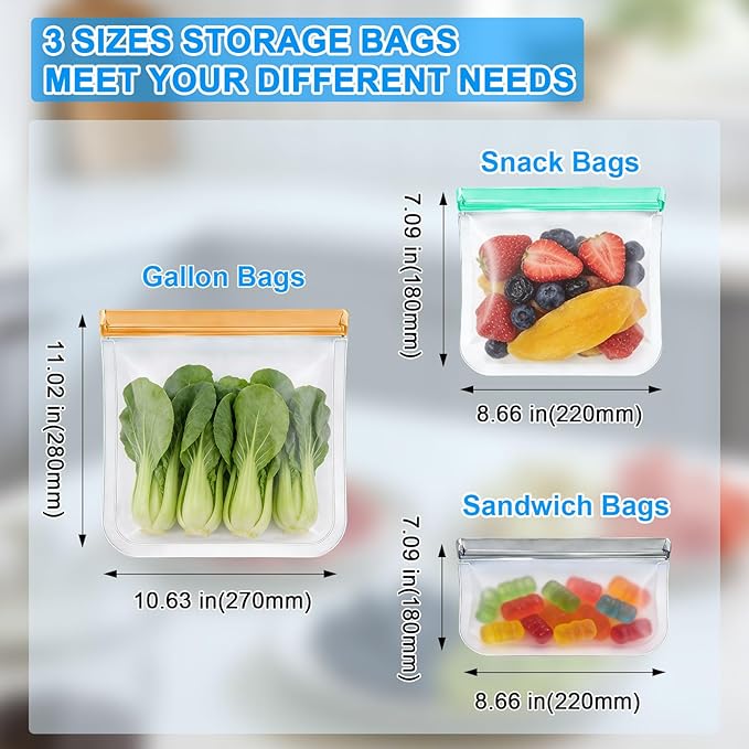 10 Pack Reusable Food Storage Bags Freezer Safe Dishwasher Leakproof for Frozen Meat Fruits & Vegetables Bag Home Organization Travel Toiletries Meal Prep 4 Gallon 4 Sandwich 2 Snack