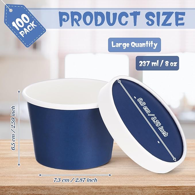Fulmoon 100 Pack Paper Soup Containers with Lids Disposable Paper Food Containers with Vented Lid Kraft Ice Cream Cake Dessert Cups Soup Bowl for Party Hot Food Fruit Microwave(8 oz,Navy Blue)