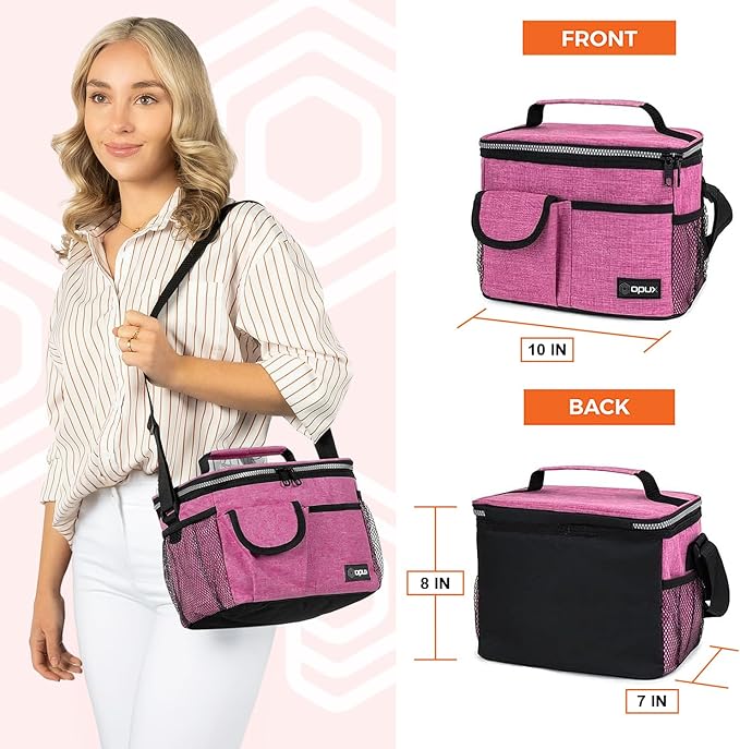 opux Insulated Lunch Box for Men Women Kids, Leakproof Reusable Lunch Bag Cooler for Work School Office, Soft Thermal Lunchbox Tote with Shoulder Strap for Boys Girls Adults, Heather Pink, 14 Can/8L
