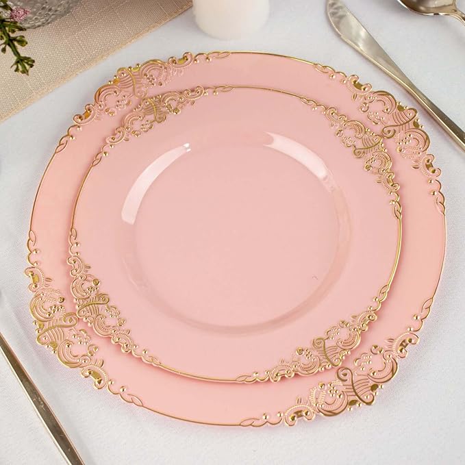 Efavormart 10 Pack | 8" Dusty Rose and Gold Baroque Dessert Plates, Leaf Embossed Metallic Rim Heavy Duty Appetizer Plates for Whimsical Parties