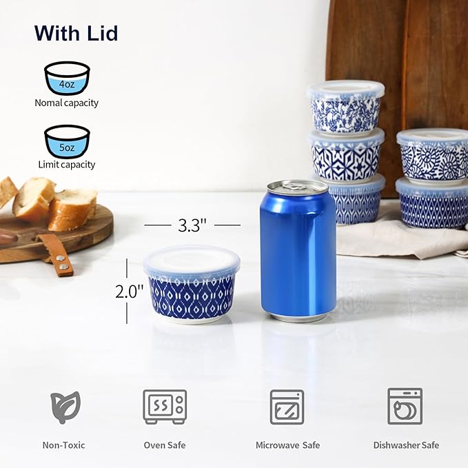 Selamica Ramekins with Lids 4 oz Oven Safe, Creme Brulee Ramekins Souffle Dishes with Covers, Stackable Ceramic Mini Ramekin Bowls Set for Dipping, Custard, Pudding, Baking, Set of 6, Vintage Blue