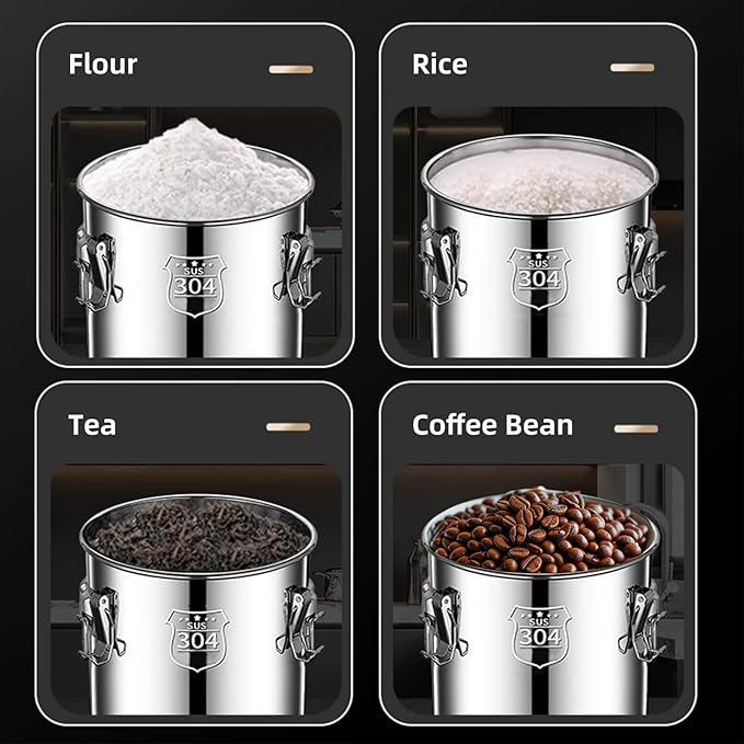 304 stainless steel food storage containers with lids lock clips airtight container large airtight for rice flour sugar grain coffee bean storage containers Kitchen jar (3.17gal/12L)