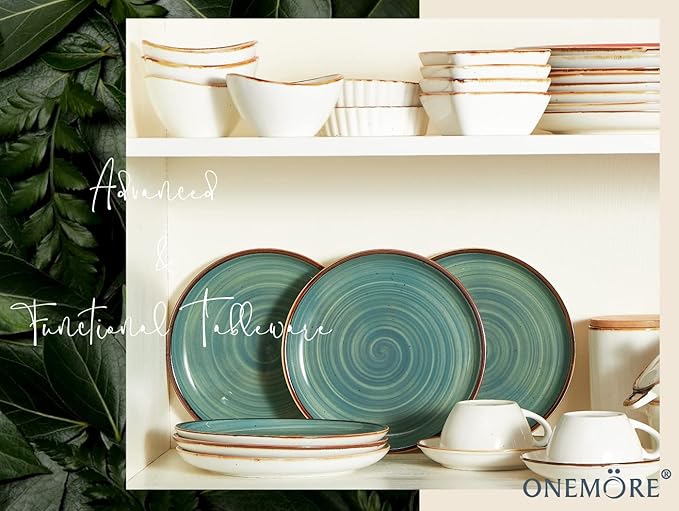 ONEMORE Ceramic Dinner Plates Set of 6, 8.5 inch Small Stoneware Plates for Appetizer, Salad and Dessert. Oven, Microwave and Dishwasher Safe Plate, Stackable, Rustic Kitchen Porcelain Dish, Teal