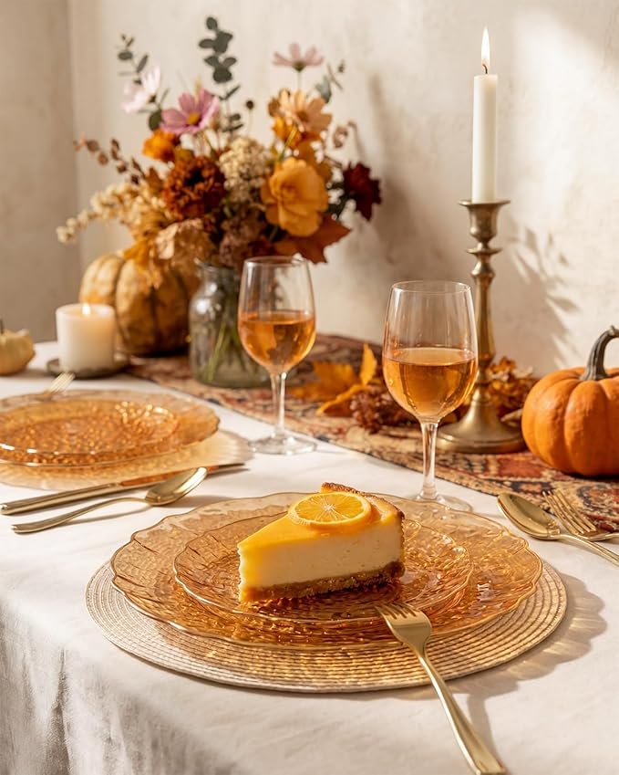 bUCLA 40PCS Orange Plastic Disposable Plates - Fancy Clear Orange Hammered with Gold Lace-Edge - Include 20 Each (10inch Dinner & 7inch Dessert) Plates for Party & Wedding