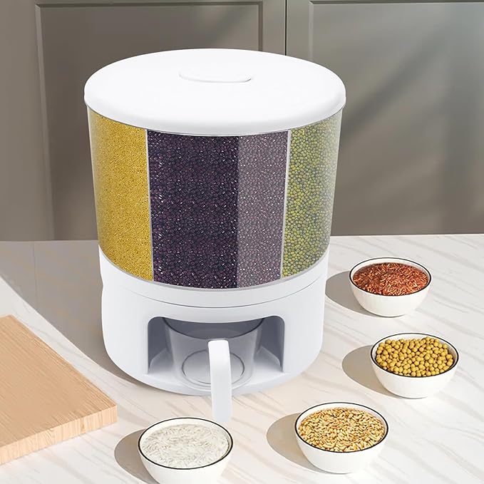Grain Storage Container Dispenser, 6 Grids rice dispenser rotating, 360° rotating food dispenser One-Click Output rice Storage Round Grain Dispenser Kitchen (White 2.3kg)