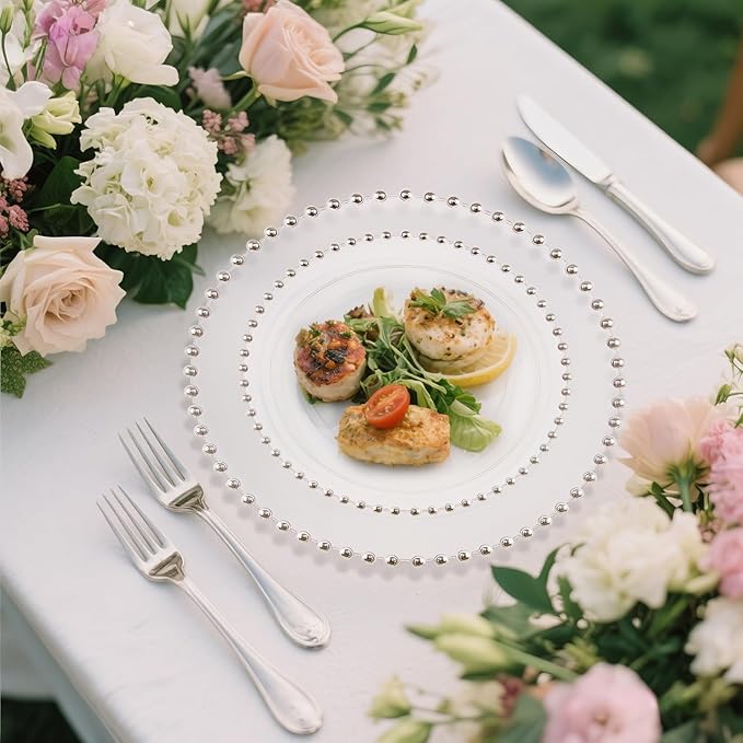 supernal 100PCS Clear Plastic Plates, Clear Plates with Silver Trim, Elegant Plastic Plate Include 50 Dinner Plate 10'' and 50 Dessert Appetizer Platos 7'' for Party, Wedding, Bridal Baptism