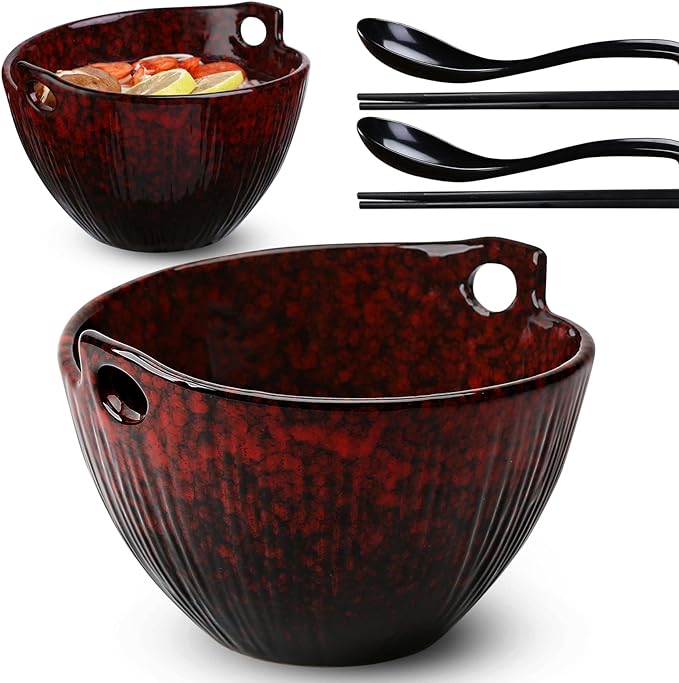 Ramen Bowl with Chopsticks and Spoons, Ceramic Set of 2, Dishwasher Safe for Pho Udon Soba Noodle Salad Pasta, Special Reactive Glazed Crimson Bowls Set
