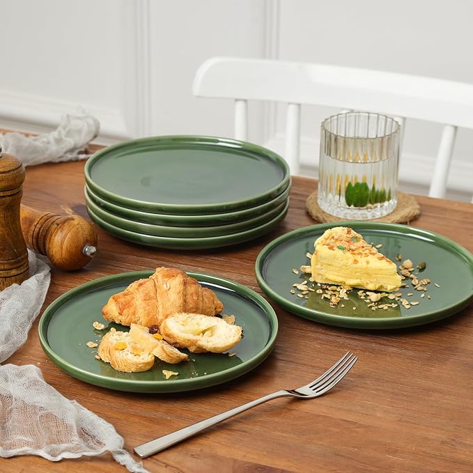 vicrays Ceramic Salad Plates Set - Porcelain 8 Inch Flat Dessert Appetizer Plate for Lunch Home Party Restaurant - Scratch Resistant Microwave Oven and Dishwasher Safe - Set of 6 (Green)