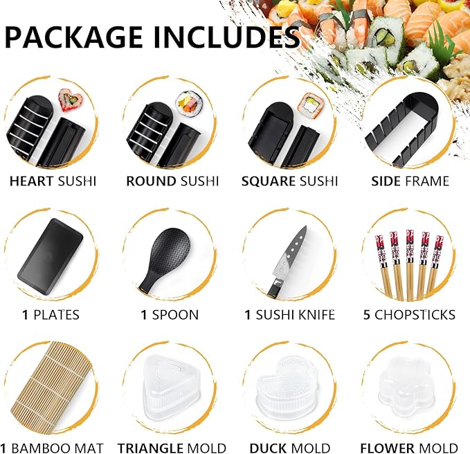HI NINGER Sushi Maker Set, 24-piece sushi maker kit for beginners to make their own sushi. Can be used as a sushi plate with rice roll molds, knife, sushi plate,sushi rolling mat (Black)