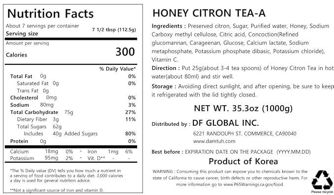 Damtuh Honey Citron Tea (Yuja, Yuzu Tea) 2.2lb Large Jar– Traditional Korean Citron Honey Tea Base, Fruit Preserve, Familiy Size (35.27 fl oz)