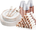 Bestluck 175PCS Rose Gold Plastic Plates for 25 Guests, Disposable Dinnerware Sets Include 50 Rose Gold Rim Plastic Plates, 25 Silverwares and 25 Cups, 25 Pre Rolled Napkins for Party, Graduation