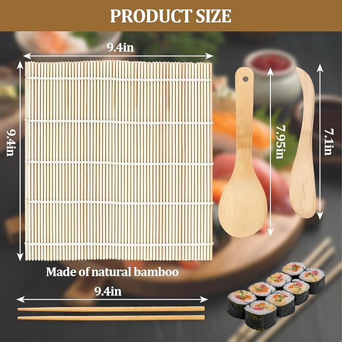 Sushi Making Kit, 6 PCS Beginner Sushi Maker Set, Including 2 White Bamboo Rolling Mats, 2 Pairs Chopsticks, 1 Paddle,1 Spreader, Natural Bamboo Material, Ideal Gift for Kids, Friends, Home Chef