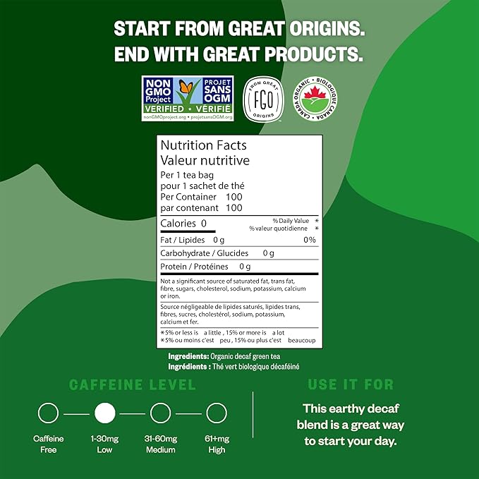 FGO Organic Green Decaf Tea, 100 Count, Eco-Conscious Tea Bags, Resealable Bag, Caffeine Free, Packaging May Vary (Pack of 1)
