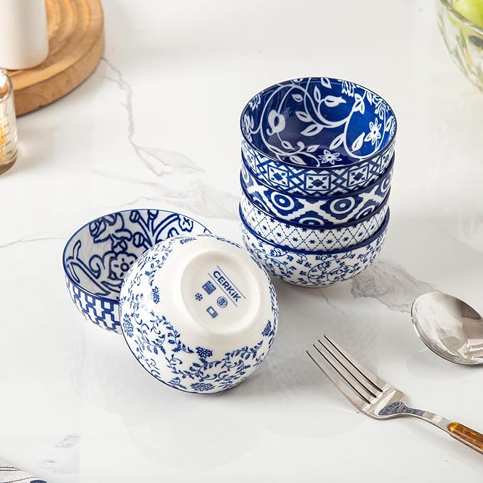 Ceramic Dipping Bowls Set - Mini 4 Oz Dessert Bowls - Small 3.5 Inch Porcelain Bowls for Side Dishes, Snack, Yogurt, Appetizer - Microwave Dishwasher Safe - Set of 6 - Vintage Blue